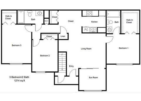Floor plan for 3 beds, 2 baths, 1214 sqft
